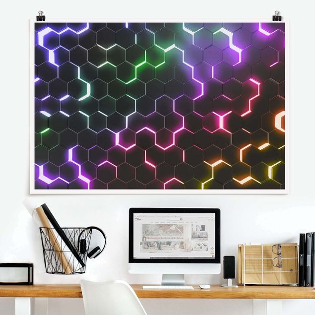 XXL Poster Strukturierte Hexagone mit Neonlicht