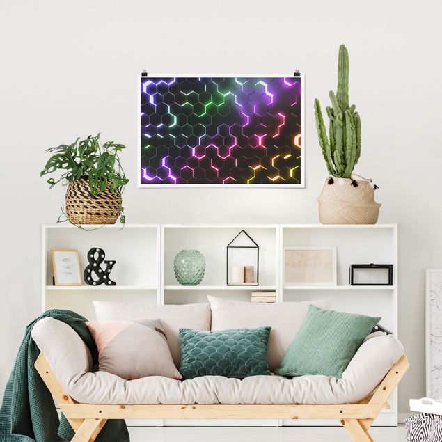 Moderne Poster Strukturierte Hexagone mit Neonlicht