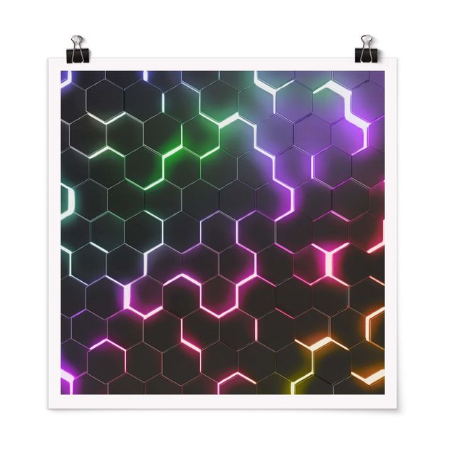 Poster Strukturierte Hexagone mit Neonlicht