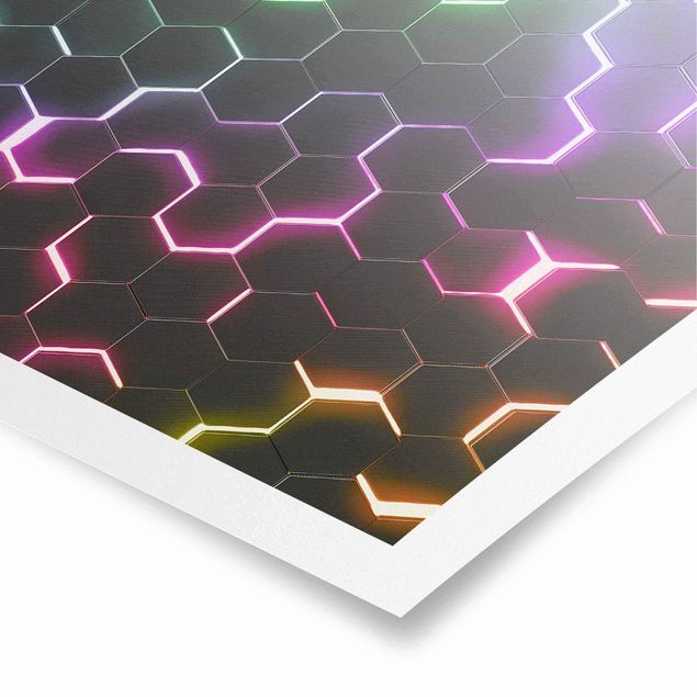 Poster - Strukturierte Hexagone mit Neonlicht - Quadrat 1:1