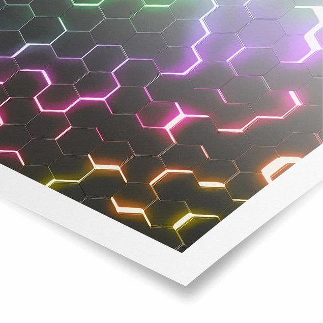 Poster - Strukturierte Hexagone mit Neonlicht - Querformat 3:2