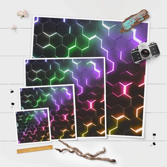 Poster - Strukturierte Hexagone mit Neonlicht - Quadrat 1:1