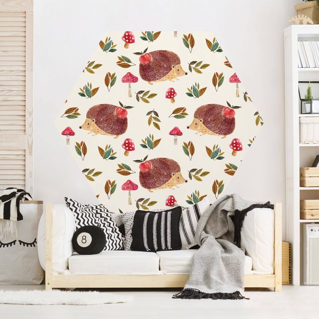 Hexagon Mustertapete selbstklebend - Süße Igel Illustration vor Creme