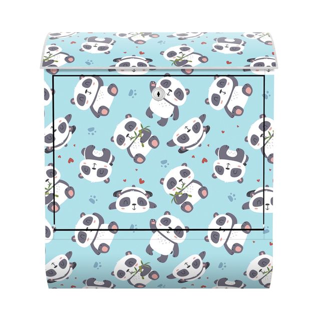 Briefkasten Muster Süße Pandabären mit Tapsen und Herzen Pastellblau