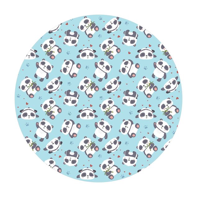 Große Teppiche Süße Pandabären mit Tapsen und Herzen Pastellblau