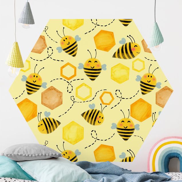 Hexagon Mustertapete selbstklebend - Süßer Honig mit Bienen Illustration