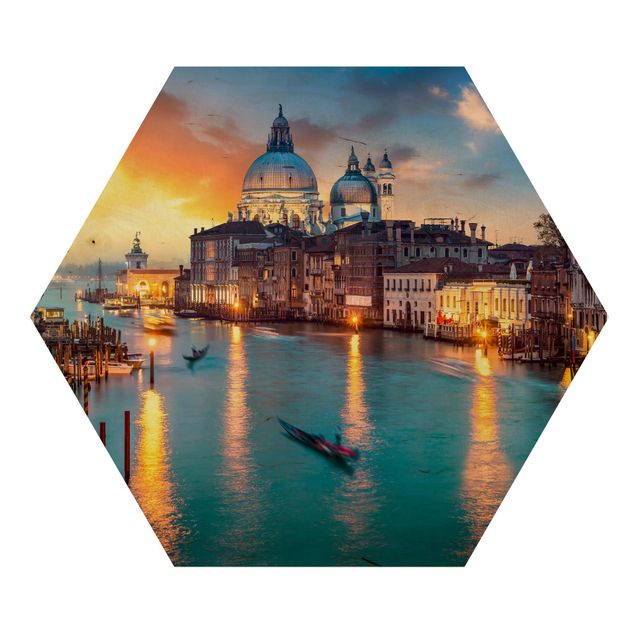 Hexagon Bild Holz - Sunset in Venice