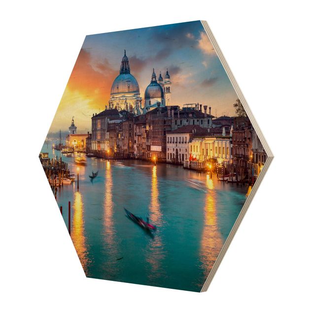 Hexagon Bild Holz - Sunset in Venice