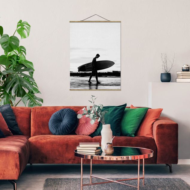 Stoffbilder mit Posterleisten Surferboy im Schattenprofil