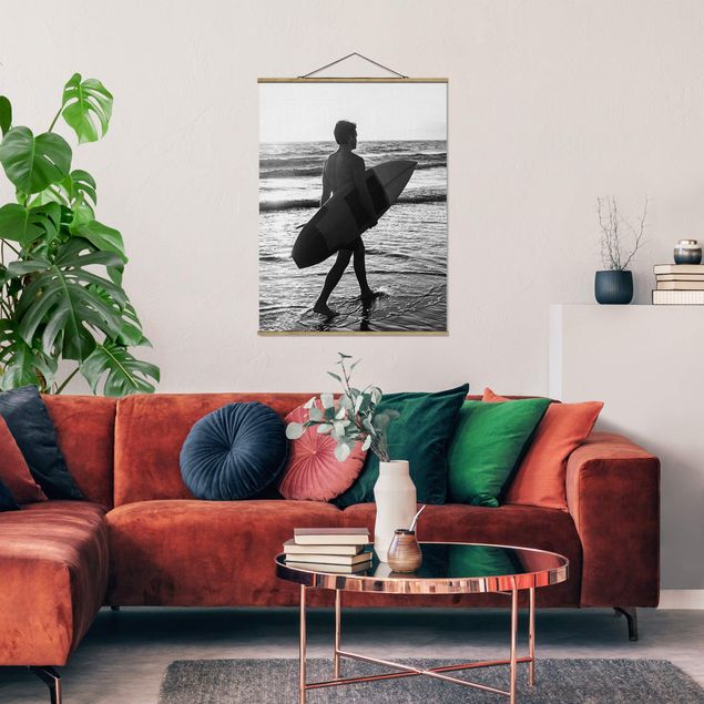 Stoffbild mit Posterleisten - Surferboy im Sonnenuntergang - Hochformat 3:4