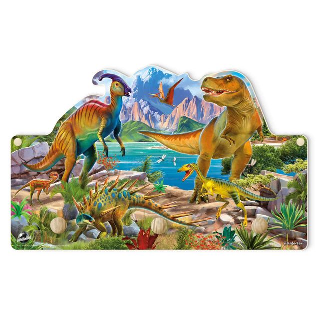 Kindergarderobe Holz - T-Rex und Parasaurolophus