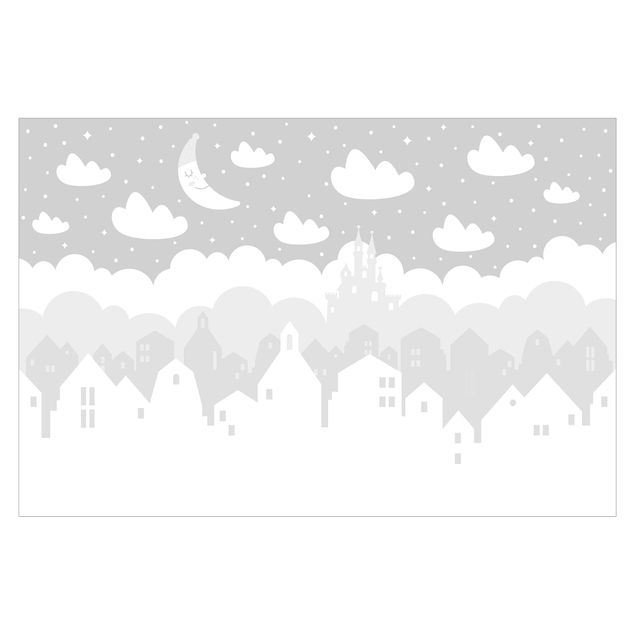 Fototapete - Sternenhimmel mit Häusern und Mond in grau