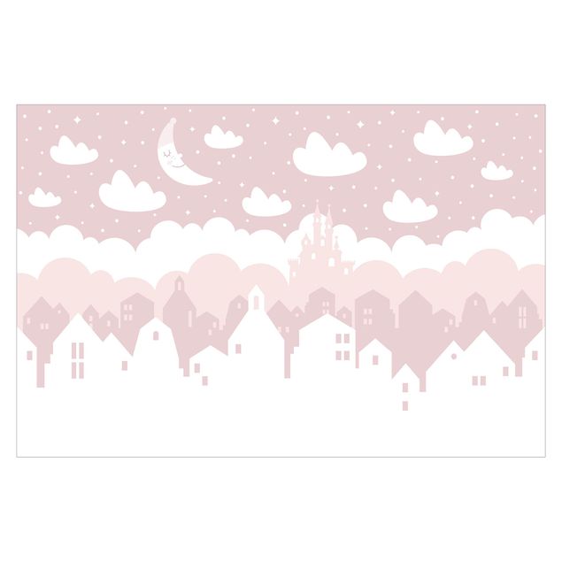 Fototapete - Sternenhimmel mit Häusern und Mond in rosa