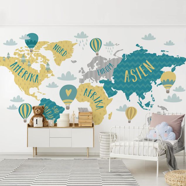 Fototapete - Weltkarte mit Heißluftballon