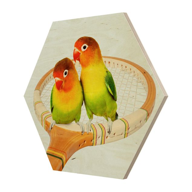 Hexagon Bild Holz - Tennis mit Vögeln
