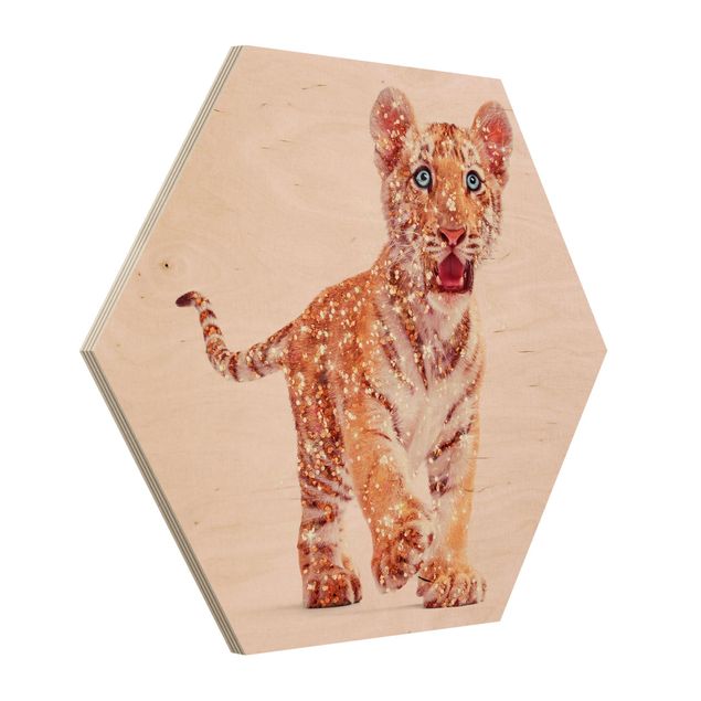 Hexagon Bild Holz - Tiger mit Glitzer