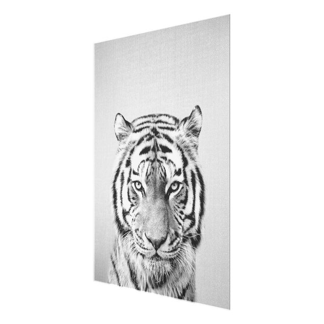 Glasbild - Tiger Tiago Schwarz Weiß - Hochformat