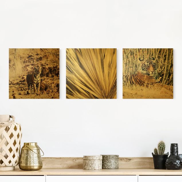 Leinwandbilder Tiere Tiger und goldene Palmenblätter