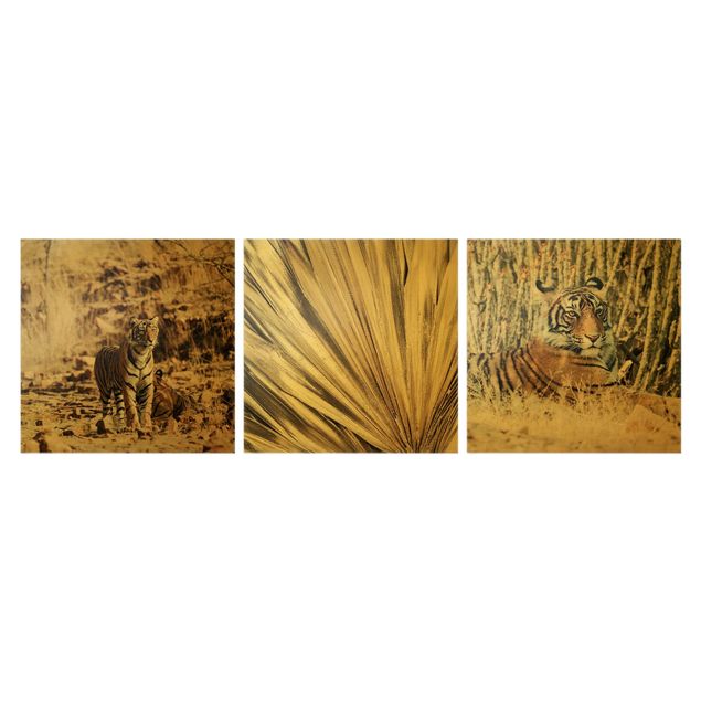 Wandbilder Tiger und goldene Palmenblätter