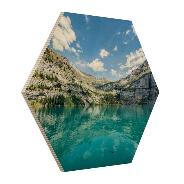 Hexagon Bild Holz - Traumhafter Bergsee