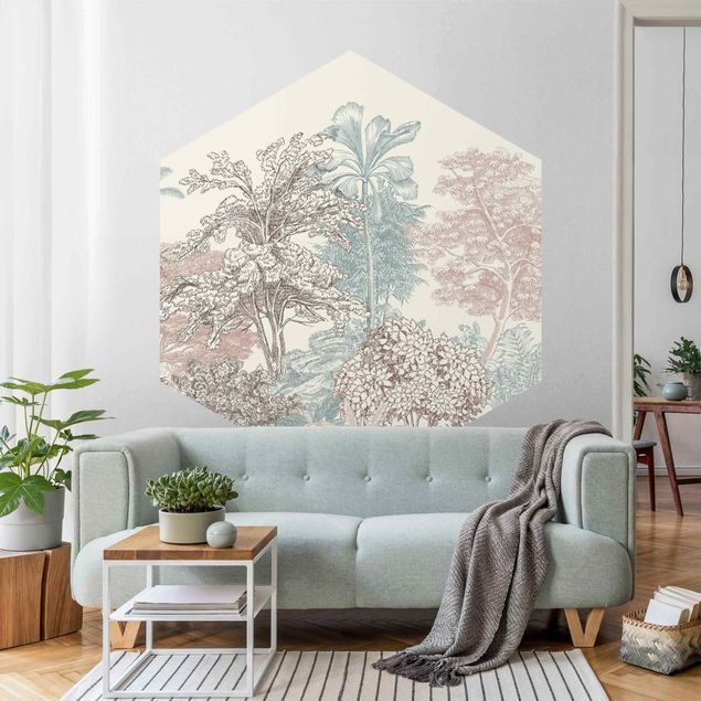 Design Tapeten Tropenwald mit Palmen in Pastell
