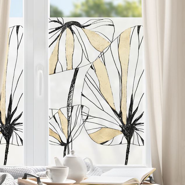 Fensterfolie Motiv Blumen Tropische Blätter mit Gold I