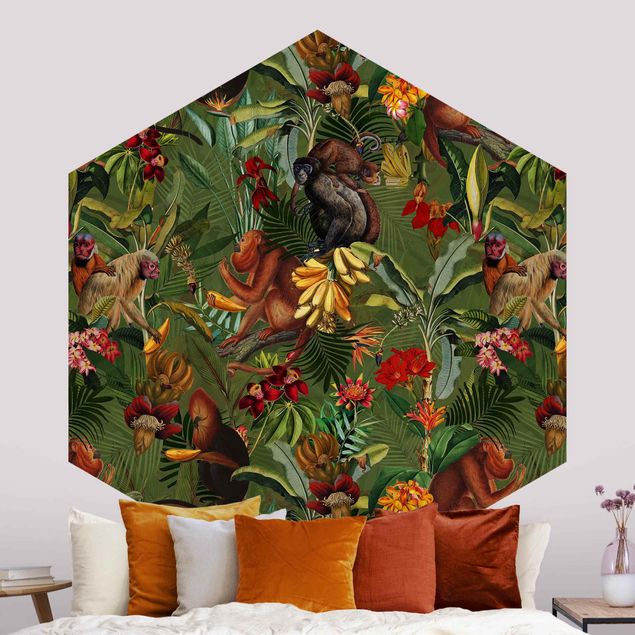 Tapeten mit Muster Tropische Blumen mit Affen