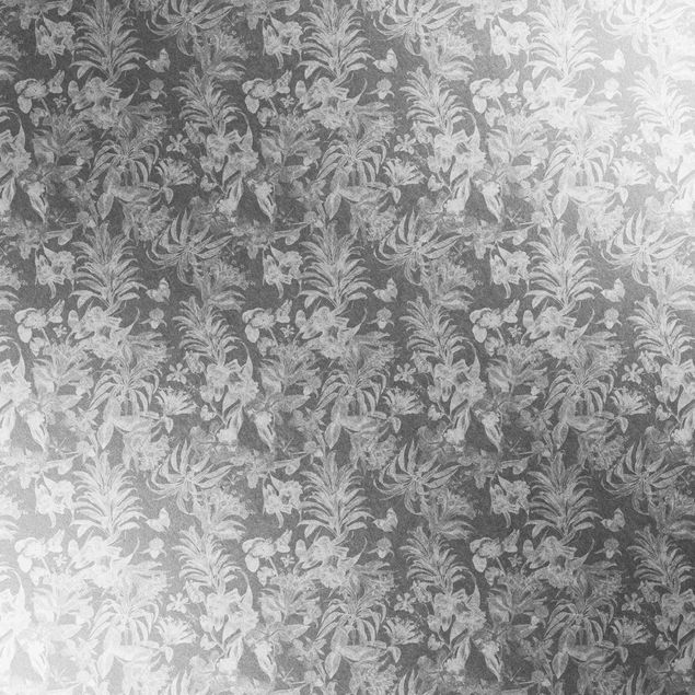 Metallic Tapete  - Tropische Blumen vor Grau