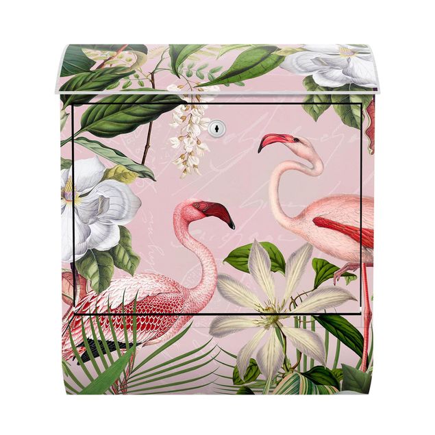 Briefkasten modern Tropische Flamingos mit Pflanzen in Rosa