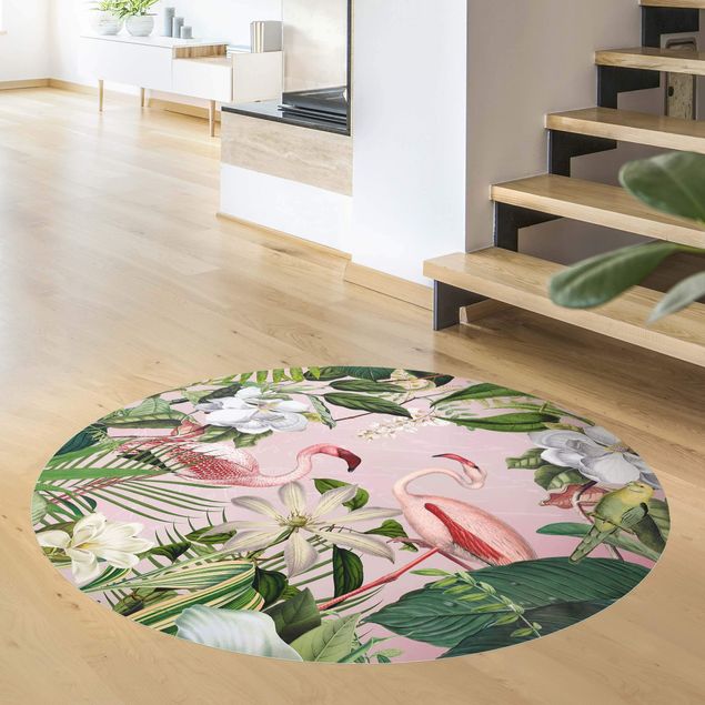 Teppich Blumenmuster Tropische Flamingos mit Pflanzen in Rosa