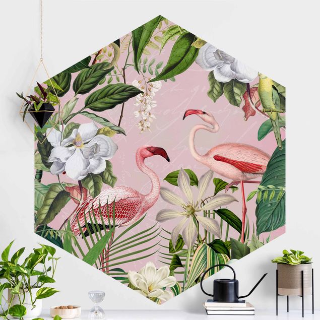 Hexagon Mustertapete selbstklebend - Tropische Flamingos mit Pflanzen in Rosa