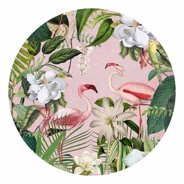 Runde Tapete selbstklebend - Tropische Flamingos mit Pflanzen in Rosa