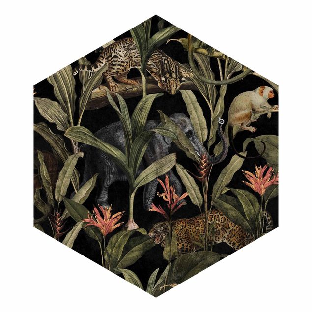 Hexagon Mustertapete selbstklebend - Tropische Nacht mit Leopard