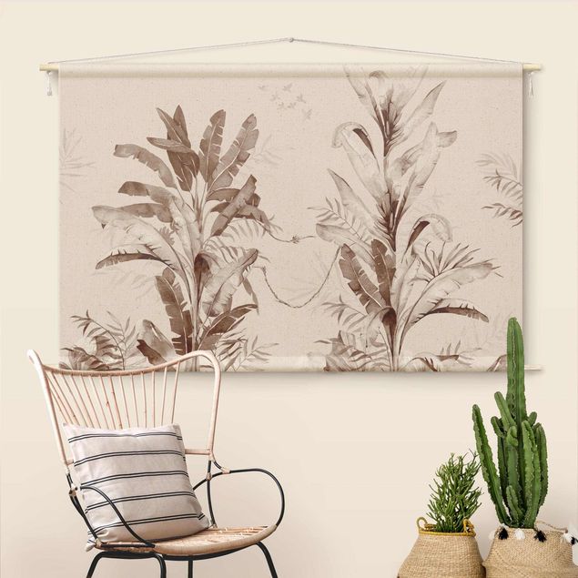 Wandbehang Tropische Palmen und Blätter Sepia