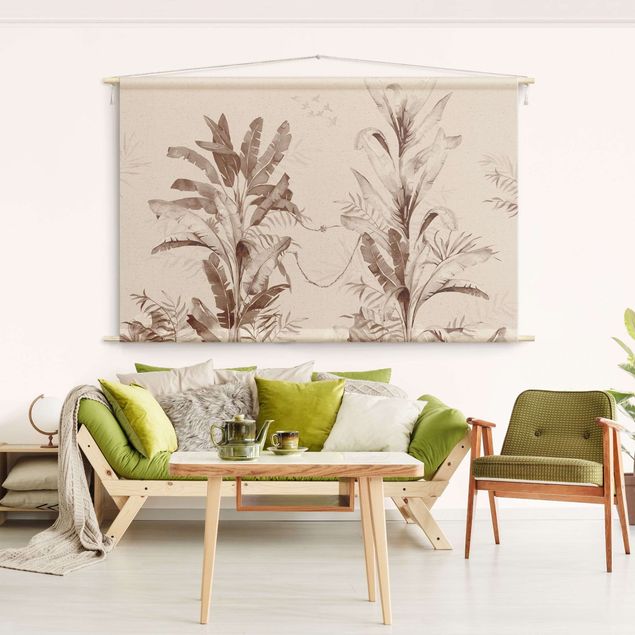 Wandtücher Tropische Palmen und Blätter Sepia