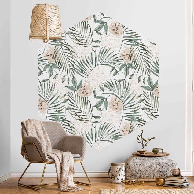 Design Tapeten Tropische Palmenbögen mit Rosen Aquarell