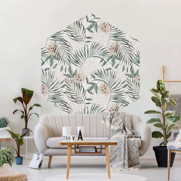 Fototapete Natur Tropische Palmenbögen mit Rosen Aquarell