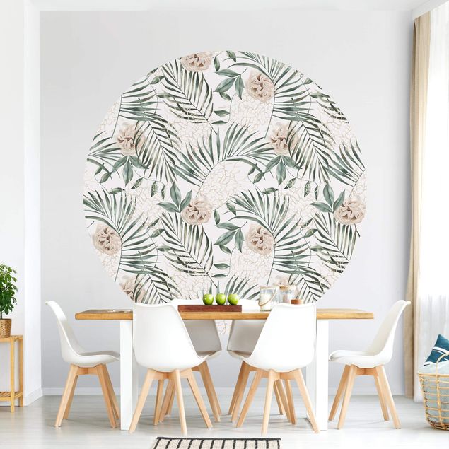 Tapeten mit Muster Tropische Palmenbögen mit Rosen Aquarell