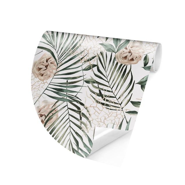 Design Tapeten Tropische Palmenbögen mit Rosen Aquarell