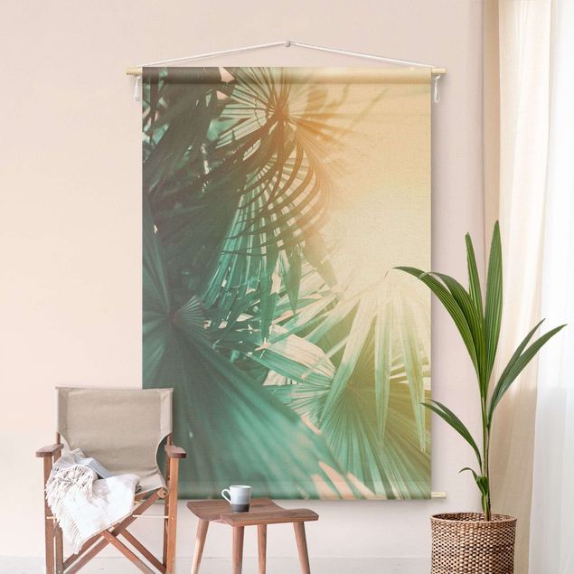 Wandbehang Stoffbild Tropische Pflanzen Palmen bei Sonnenuntergang