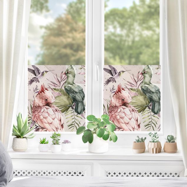 Fensterbilder Tiere Tropische Vögel - Bunte Kakadus und Kolibri