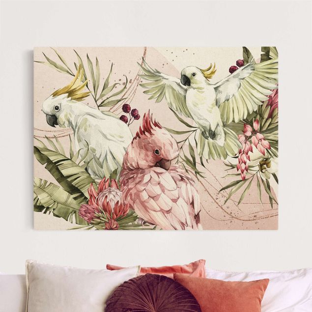Leinwandbilder Gold Canvas Tropische Vögel - Kakadus Pink und Weiß