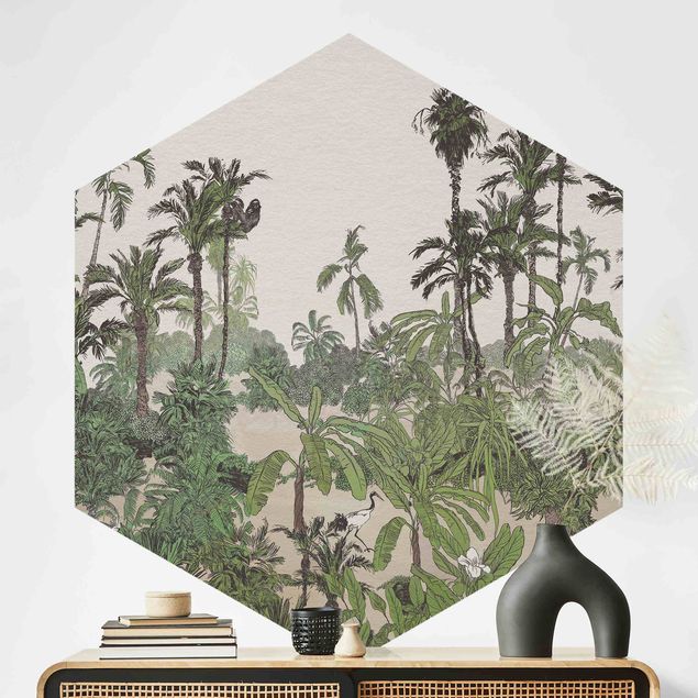 Tapete Urwald Tropische Zeichnung - Dschungel mit Aquarell