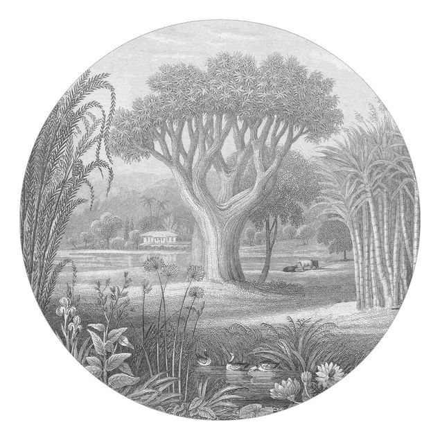 Runde Tapete selbstklebend - Tropischer Kupferstich Garten mit Teich in Grau