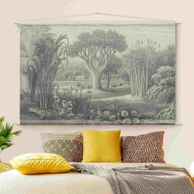 Wandbehang Stoffbild Tropischer Kupferstich Garten mit Teich in Grau