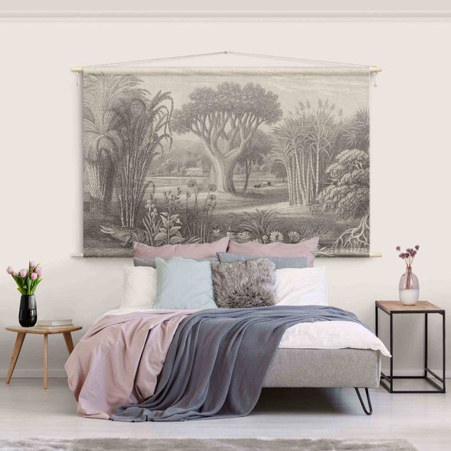 Wandbehang Tuch Tropischer Kupferstich Garten mit Teich in Grau