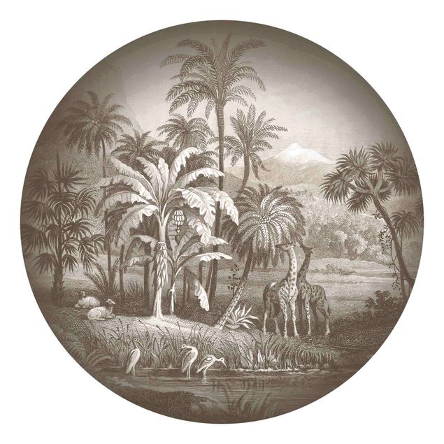 selbstklebende Tapete Tropischer Kupferstich mit Giraffen in Braun