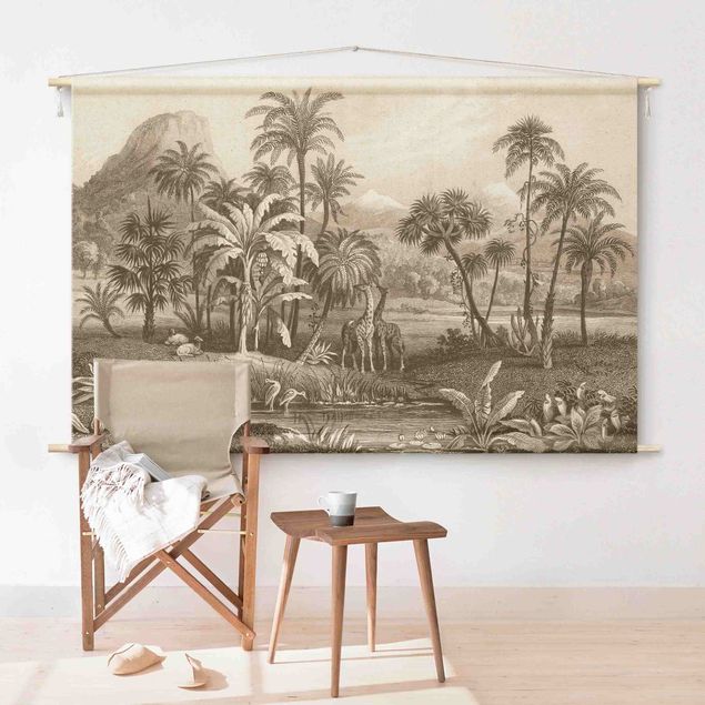 Wandteppich modern Tropischer Kupferstich mit Giraffen in Braun