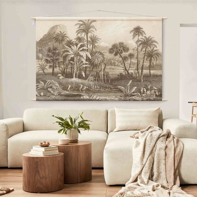Wandtücher Tropischer Kupferstich mit Giraffen in Braun