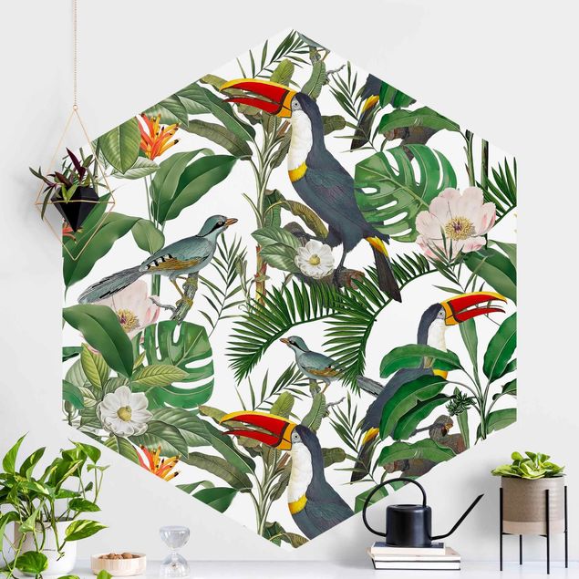 Tapete Vögel Tropischer Tukan mit Monstera und Palmenblättern